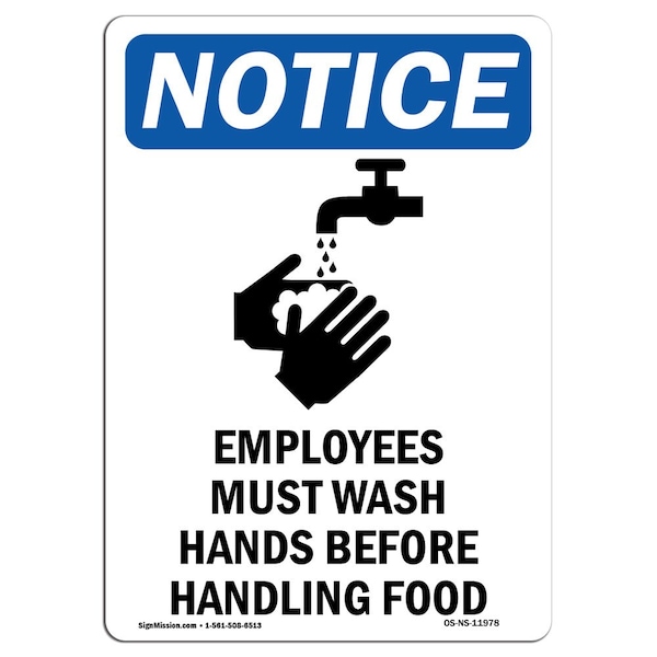 Signmission OSHA Notice, 7" Height, Employees Must Wash Sign With Symbol, 7" X 5", Portrait OS-NS-D-57-V-11978 - main